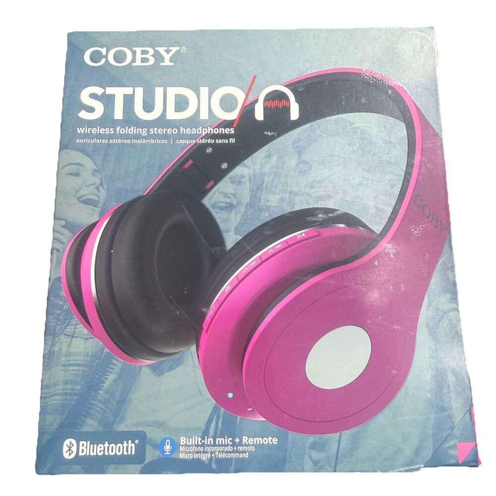 NEW Coby Studio Wireless Folding Stereo Headphones Pink MicroSD Card Slot